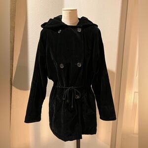 Black Velvet Drawstring Double Breasted Hooded Zipper Coat